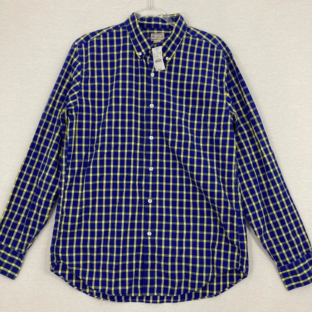 New J.Crew Men's Blue‎ Yellow Plaid Cotton Long Sleeve Button Down Large Office